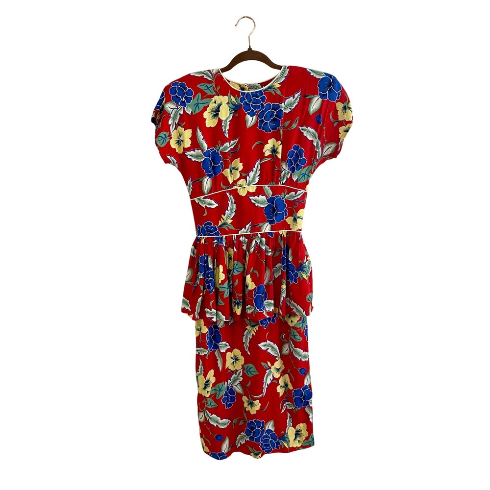 Vintage Jonathan Martin‎ Rayon Peplum Dress Red Tropical Blue Floral Midi Sz 3/4